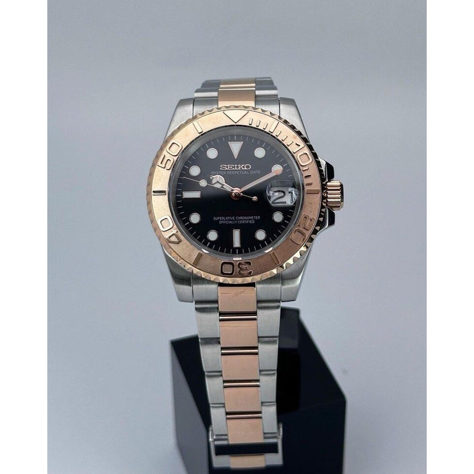 Custom Seiko Mod • 2-Tone Black Dial Silver Gold Yachtmaster • 40mm